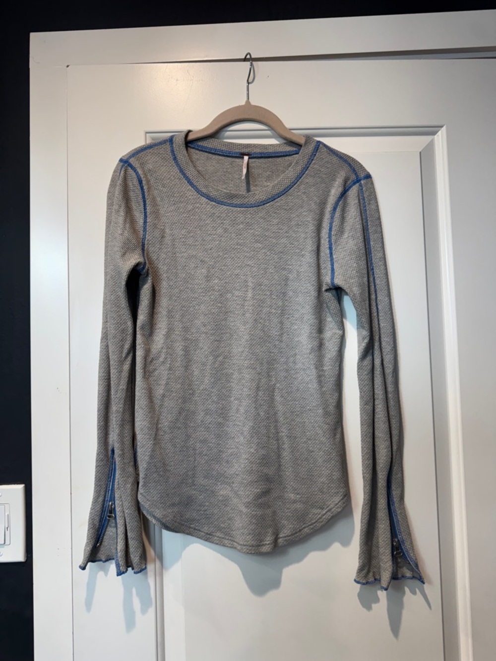 Free People Gray Long-Sleeve Thermal Top with Blue Stitching & Zippers